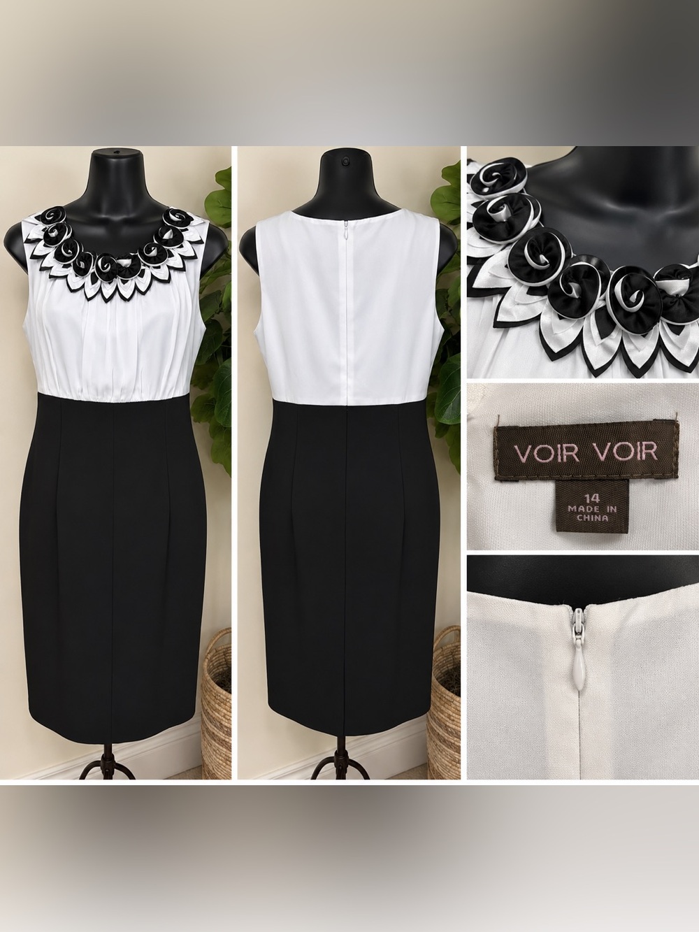 Two-Tone Black & White Floral Collar Sheath Dress